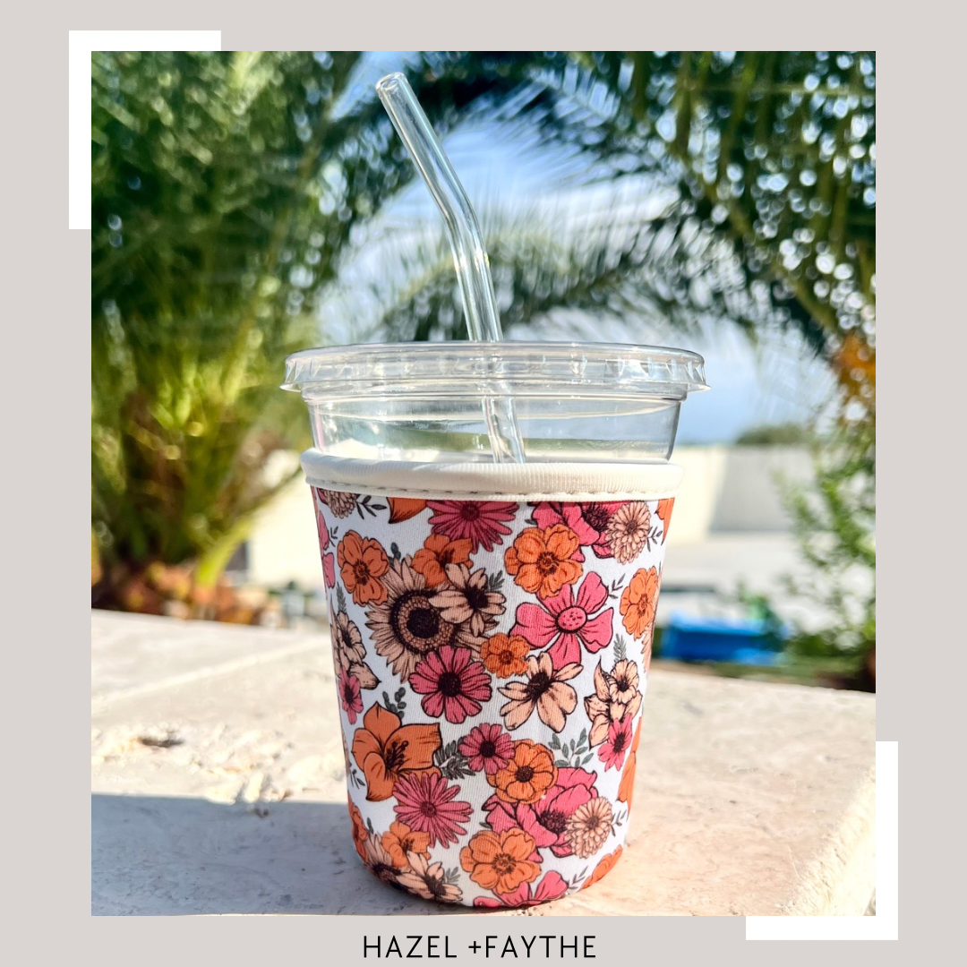 Floral Neoprene Iced Coffee Sleeve for 16-18 oz Cups – On-the-Go Accessory to Keep Drinks Cold- Great Stocking Stuffer!