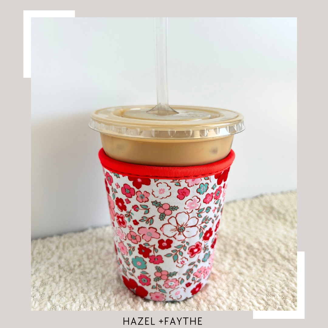 Christmas Floral Neoprene Iced Coffee Sleeve for 16-18 oz Cups – On-the-Go Accessory to Keep Drinks Cold- Great Stocking Stuffer!