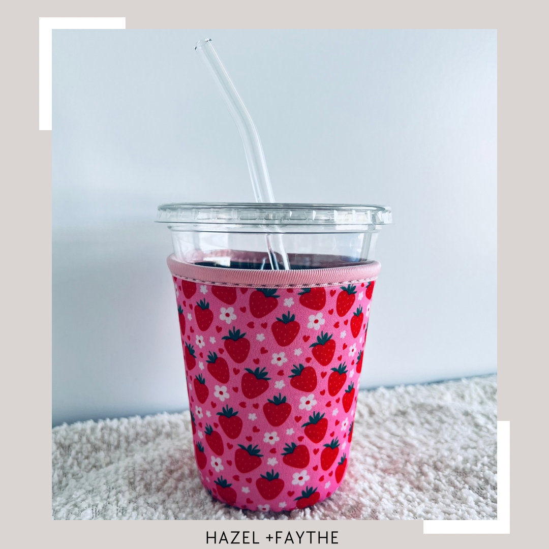 Strawberry Neoprene Iced Coffee Sleeve for 16-18 oz Cups – On-the-Go Accessory to Keep Drinks Cold- Great Stocking Stuffer!